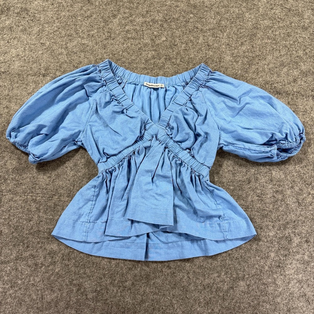 Abercrombie & Fitch Light Blue Puff Sleeve Peplum Blouse